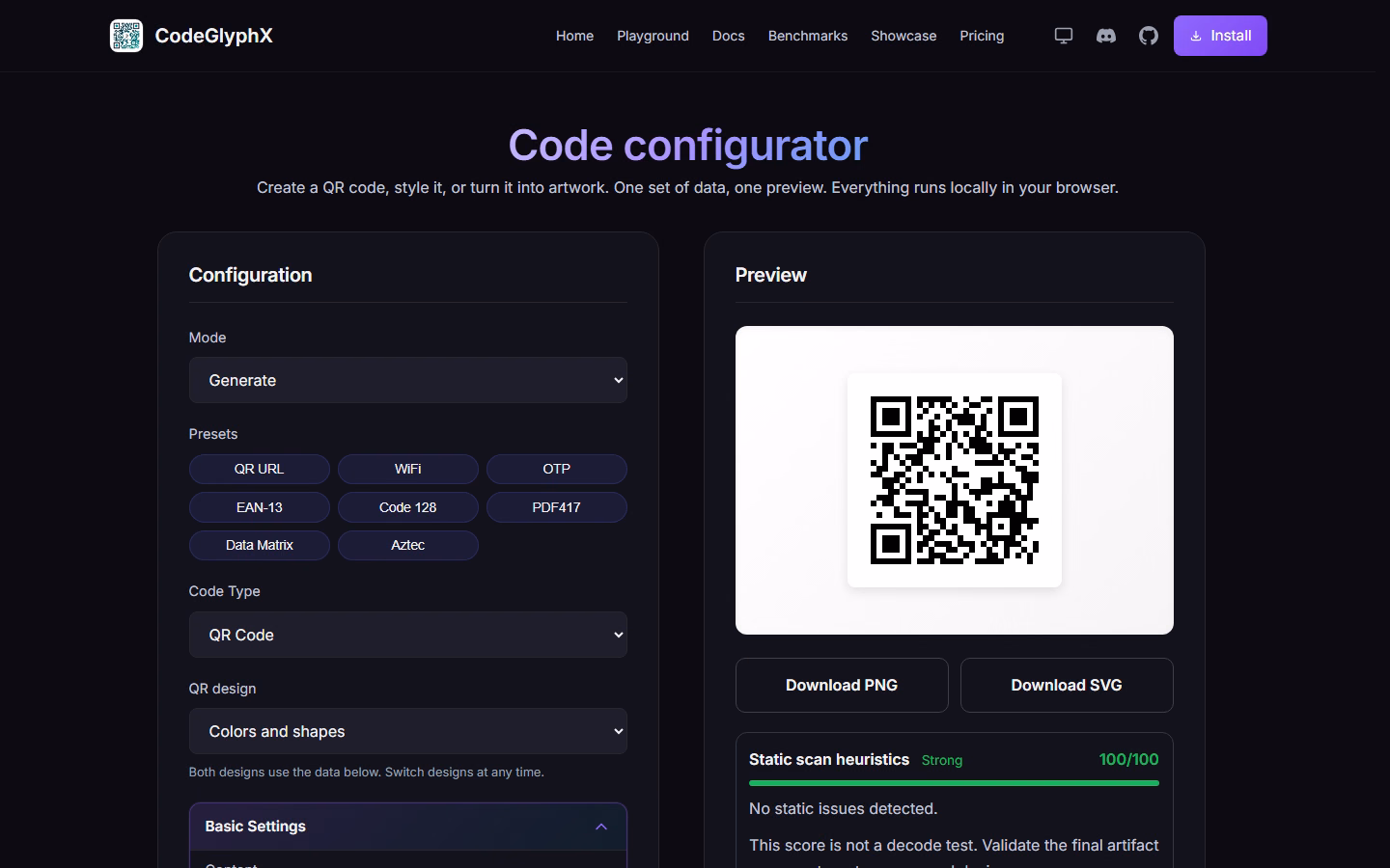 CodeGlyphX code configurator with a QR code preview