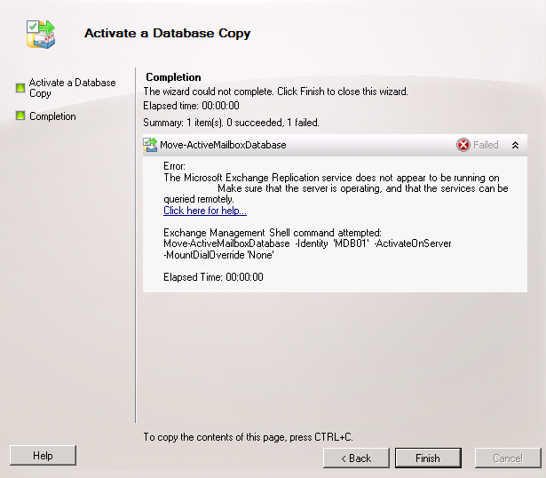 Activate Database Copy Error