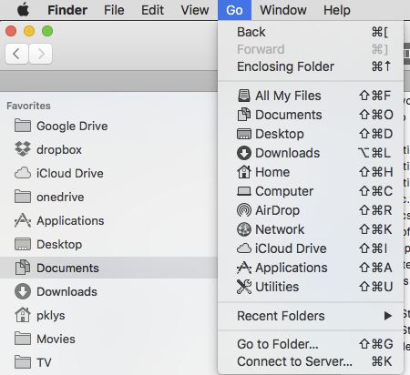 Menu Idź w Finderze używane do otwarcia ukrytego folderu Library