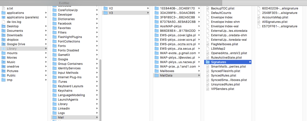 Folder Library Mail V3 MailData Signatures otwarty w Finderze