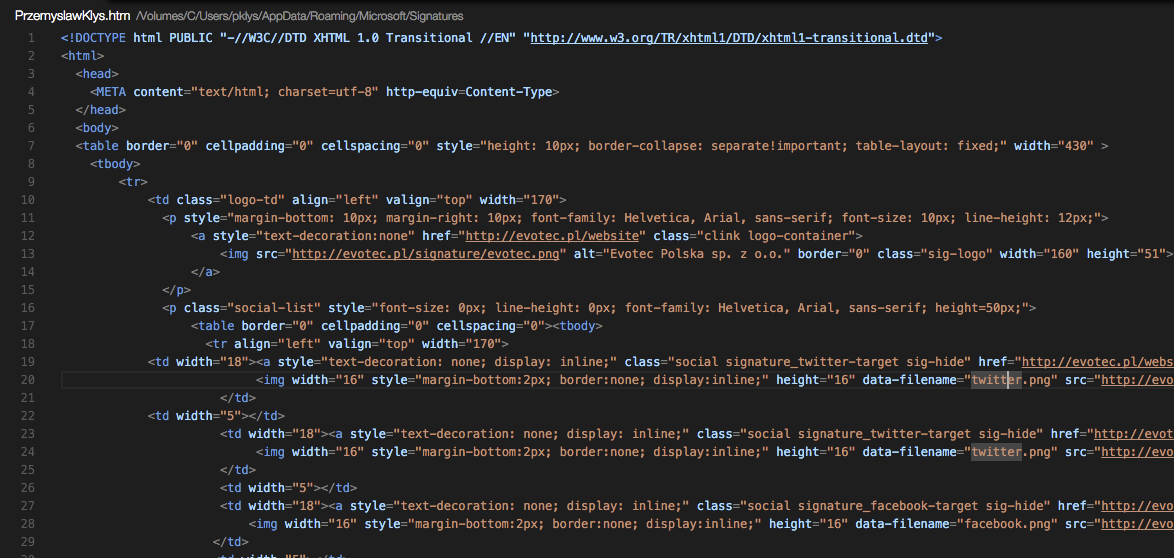 Plik podpisu Mail w TextEdit z sekcją HTML gotową do podmiany
