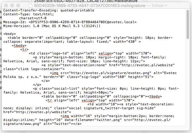 Kod źródłowy podpisu HTML z zaznaczoną treścią do skopiowania