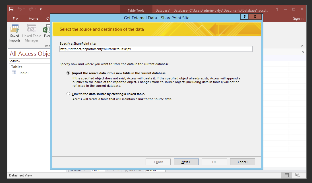 Kreator importu Access dla danych listy SharePoint do nowej tabeli