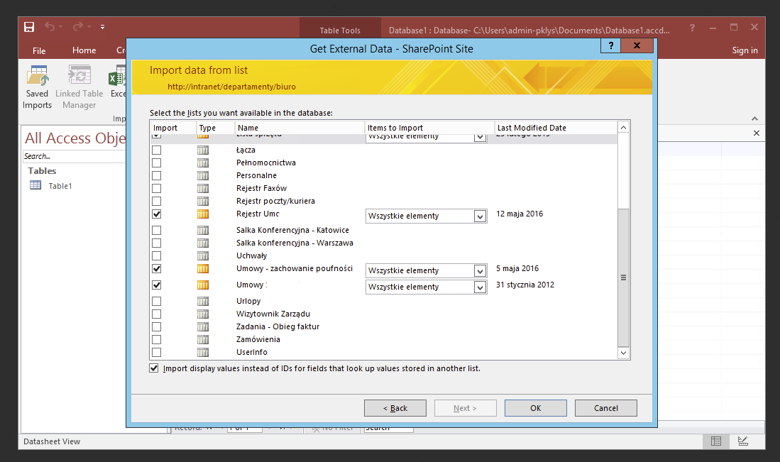 Ekran wyboru list SharePoint do importu w Access