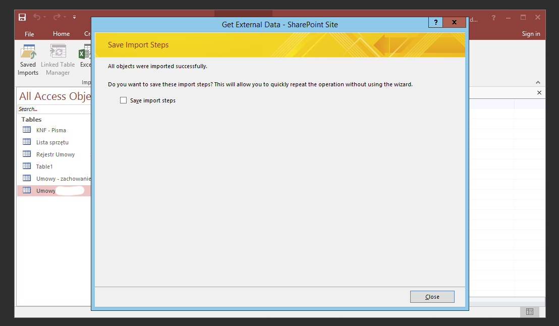 Okno zakonczonego importu list SharePoint w Access