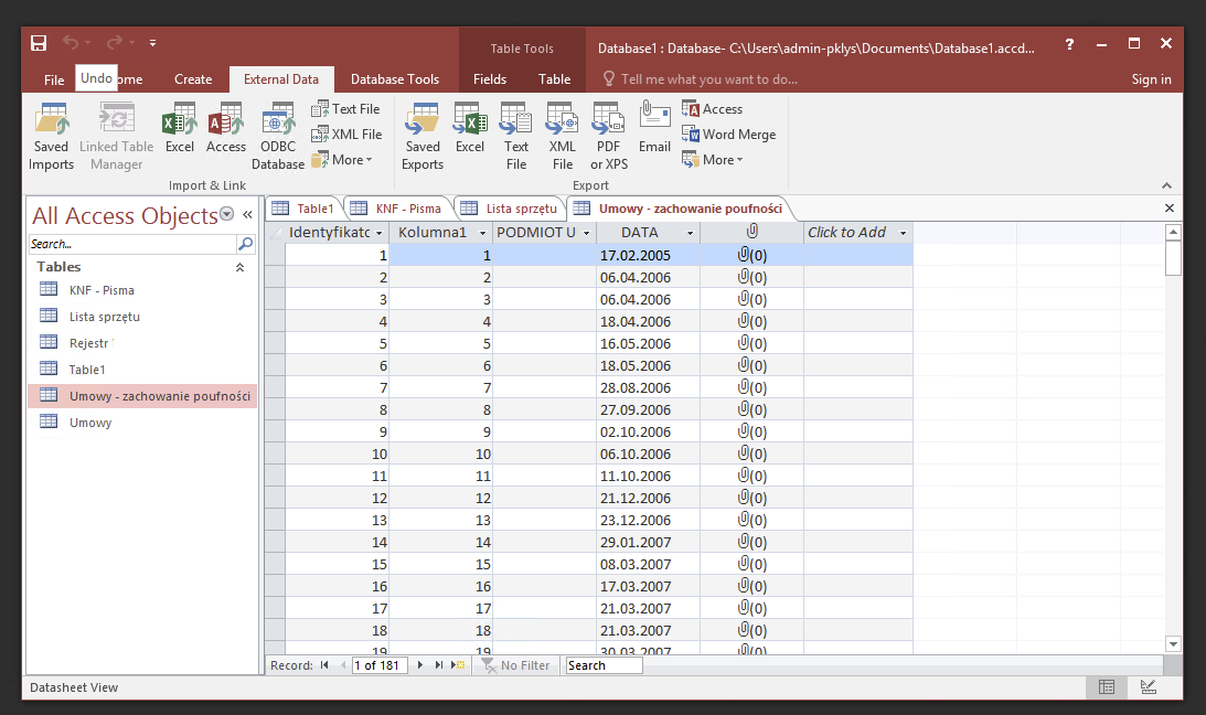 Zaimportowane listy SharePoint widoczne w Access