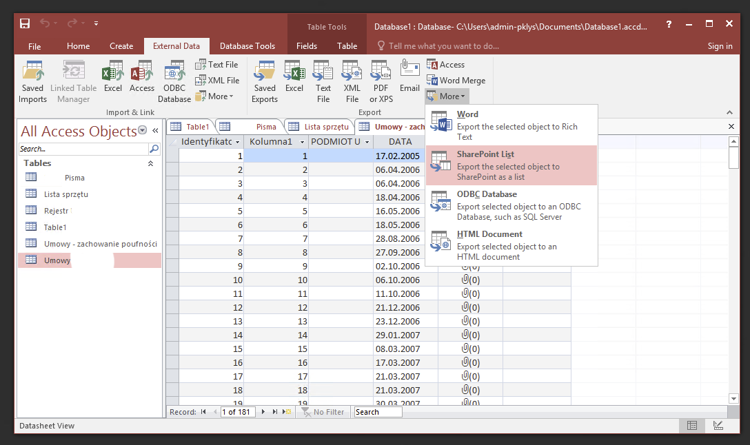 Menu eksportu Access z opcja Lista programu SharePoint
