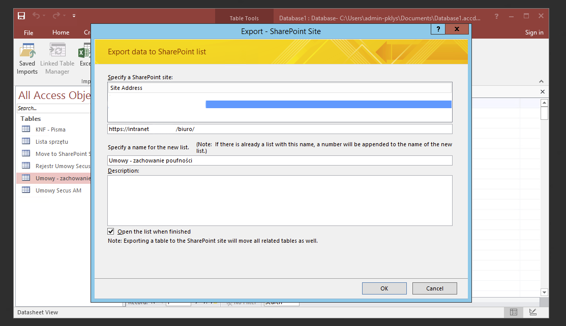 Kreator eksportu Access dla listy SharePoint 2013