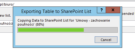 Okno postepu eksportu listy SharePoint 2013 w Access