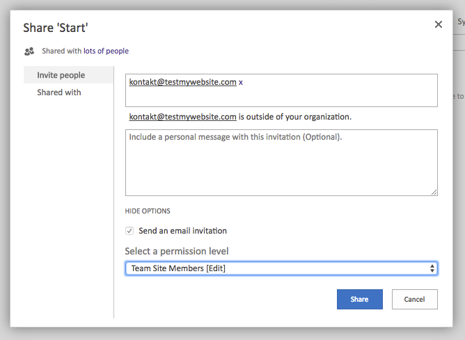 Okno udostepniania SharePoint Online z wpisanym adresem e-mail klienta zewnetrznego przed wyslaniem zaproszenia.