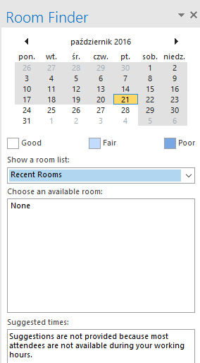 Outlook Room Finder pokazujący brak sugestii sal i komunikat o niedostępności uczestników w godzinach pracy.