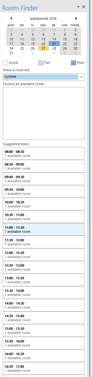 Outlook Room Finder pokazujący dostępne przedziały czasowe i znalezione sale po wybraniu poprawnej daty oraz godziny spotkania.