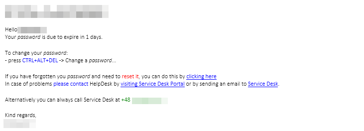 Przykladowy szablon wiadomosci o wygasaniu hasla wysylanej do uzytkownika z brandingiem, data wygasniecia i linkami do akcji.