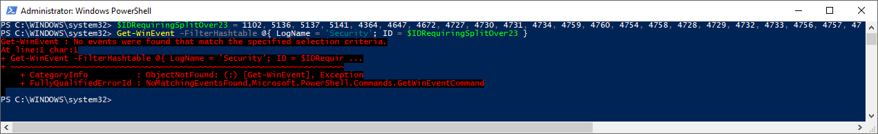 Blad PowerShell pokazujacy, ze zapytanie do dziennika zdarzen przekroczylo maksymalna liczbe identyfikatorow