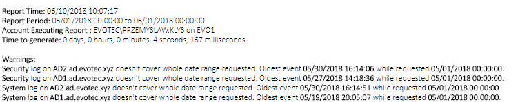 PSWinReporting warning section showing requested date range exceeds the available log retention