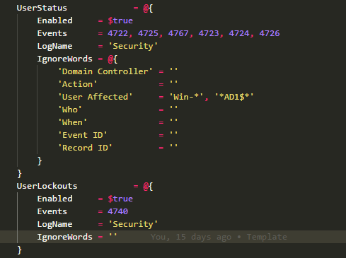 PSWinReporting configuration example showing IgnoreWords filters for selected report columns
