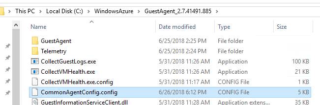 Folder z wersja Azure Guest Agent pokazujacy miejsce edycji pliku CommonAgentConfig.config