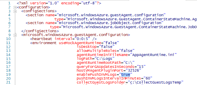 Plik CommonAgentConfig.config z ustawieniem enablePushInVMLogs na false, aby zatrzymac aktywnosc CollectGuestLogs.exe