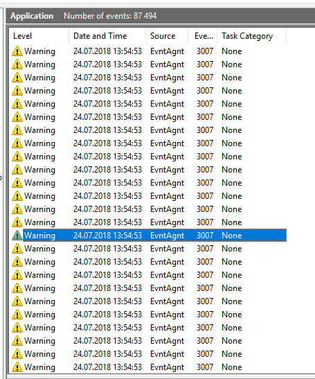 Monitor zasobow pokazujacy wysokie zapisy dysku przez Windows Event Log