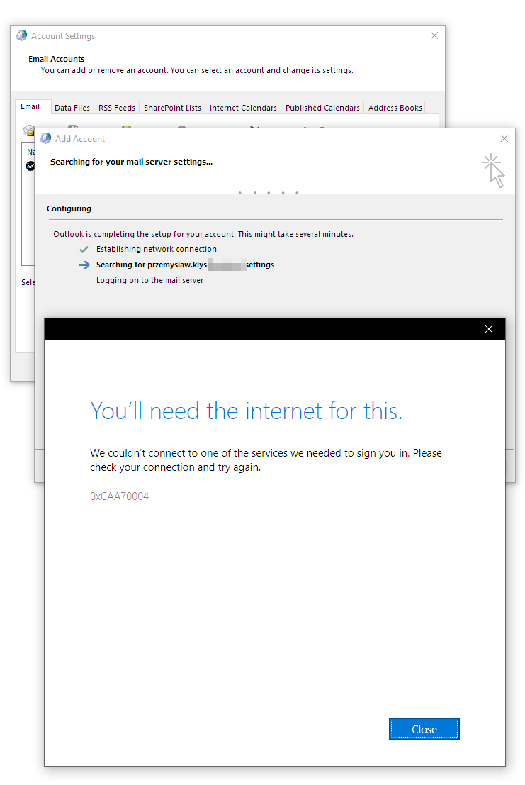 Blad logowania Windows z kodem 0xCAA70004 i komunikatem, ze wymagane jest polaczenie z internetem.