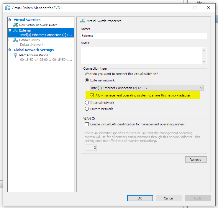 Ustawienie przelacznika Hyper-V z zaznaczona opcja Allow management operating system to share this network adapter.