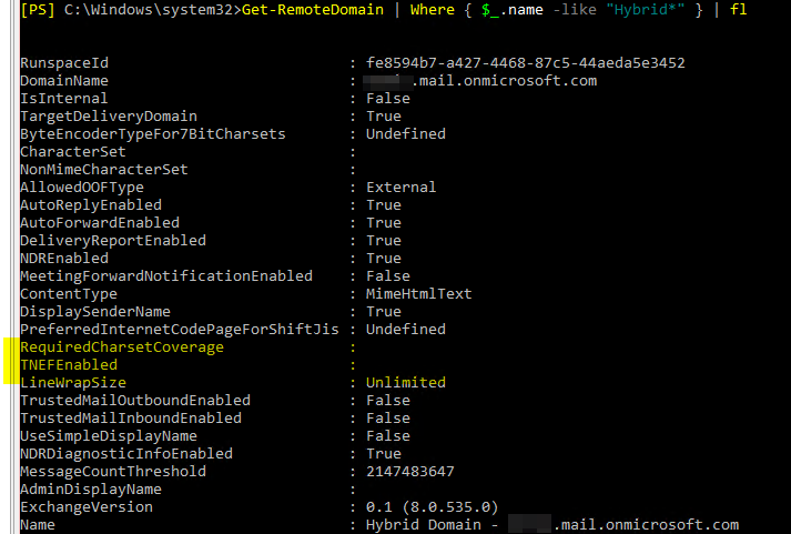 Lista domen zdalnych w Exchange on-premises pokazujaca wpisy Hybrid Domain wraz z wartosciami TNEFEnabled.