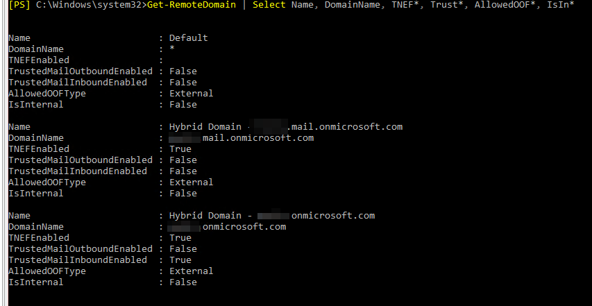 Ustawienia domen zdalnych w hybrydowym Exchange podkreslajace TNEFEnabled dla domen onmicrosoft.com.