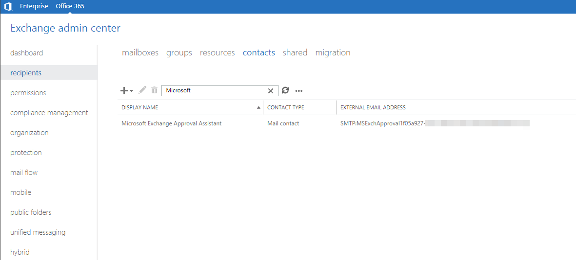 Exchange admin center contacts list showing Microsoft Exchange Approval Assistant mail contact
