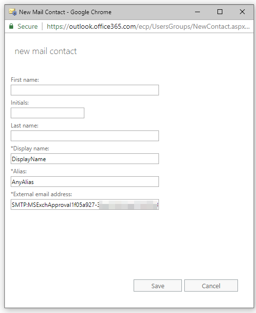 Office 365 new mail contact form for Microsoft Exchange Approval Assistant