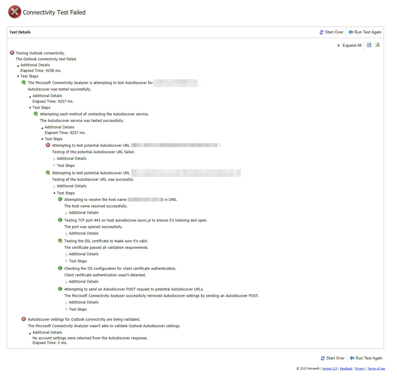 Microsoft Remote Connectivity Analyzer sprawdzajacy ustawienia autodiscover programu Outlook dla problematycznej skrzynki