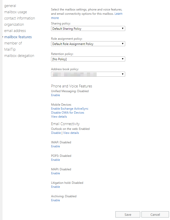 Ekran funkcji skrzynki Exchange pokazujacy, ze MAPI jest wylaczone dla wskazanego uzytkownika