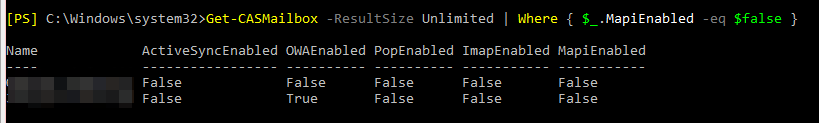 Wynik PowerShell sprawdzajacy skrzynki Exchange pod katem uzytkownikow z wylaczonym MAPI
