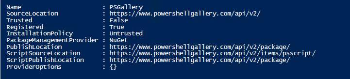 Wynik Get-PSRepository pokazujacy szczegoly repozytorium PSGallery wraz z biezaca polityka instalacji.