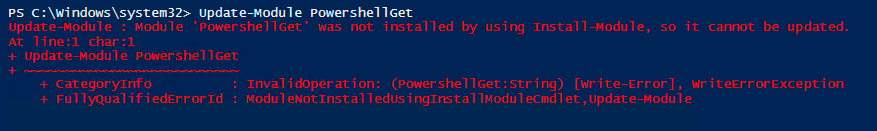 Błąd PowerShell pokazujący, że Update-Module nie może zaktualizować PowerShellGet, ponieważ moduł nie został zainstalowany przez Install-Module.