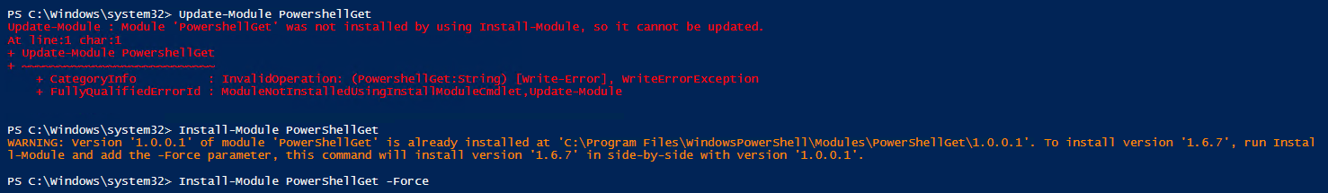 Konsola PowerShell uruchamiająca Install-Module PowerShellGet -Force po błędzie aktualizacji modułu.
