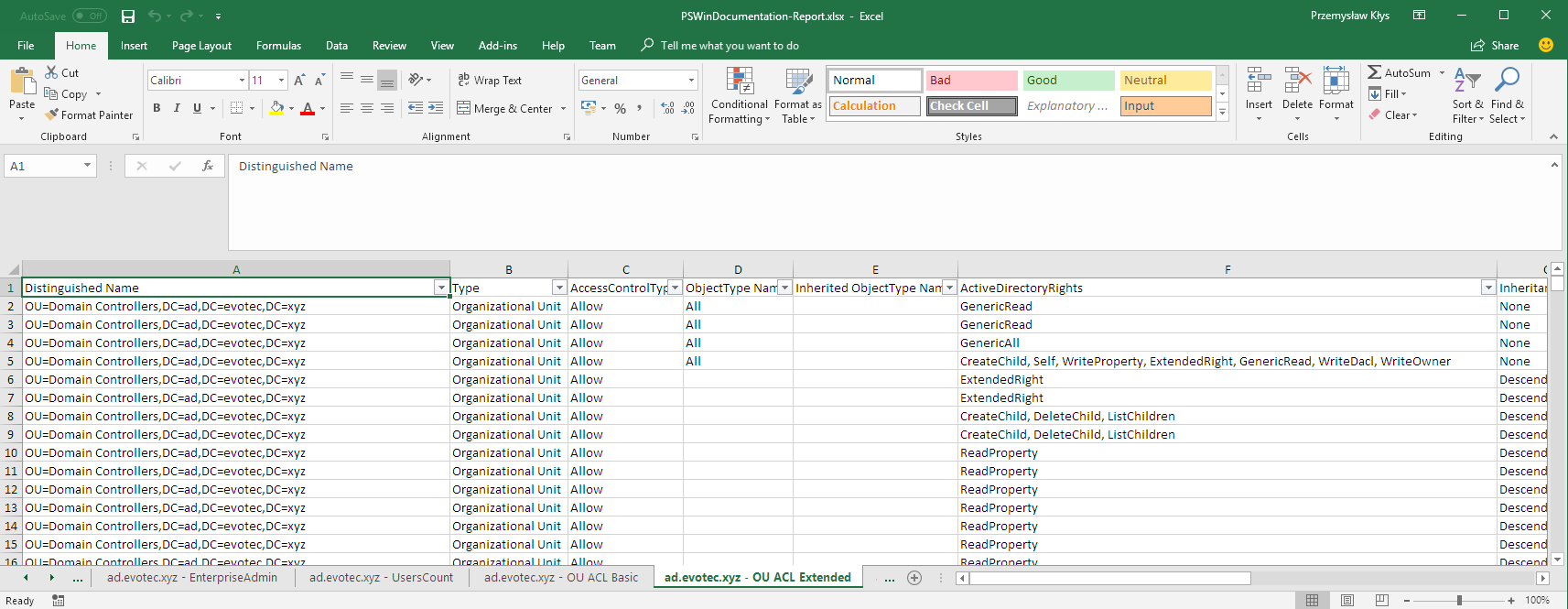 Arkusz Excel z rozszerzonymi uprawnieniami ACL dla jednostek organizacyjnych wygenerowany przez PSWinDocumentation.