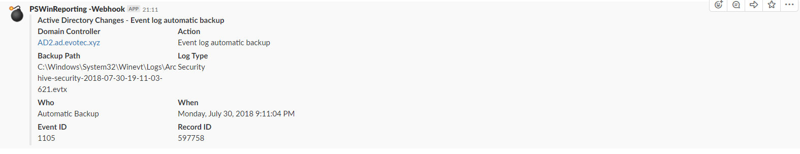 Powiadomienie Slack wyslane przez PSWinReporting dla przychodzacego zdarzenia