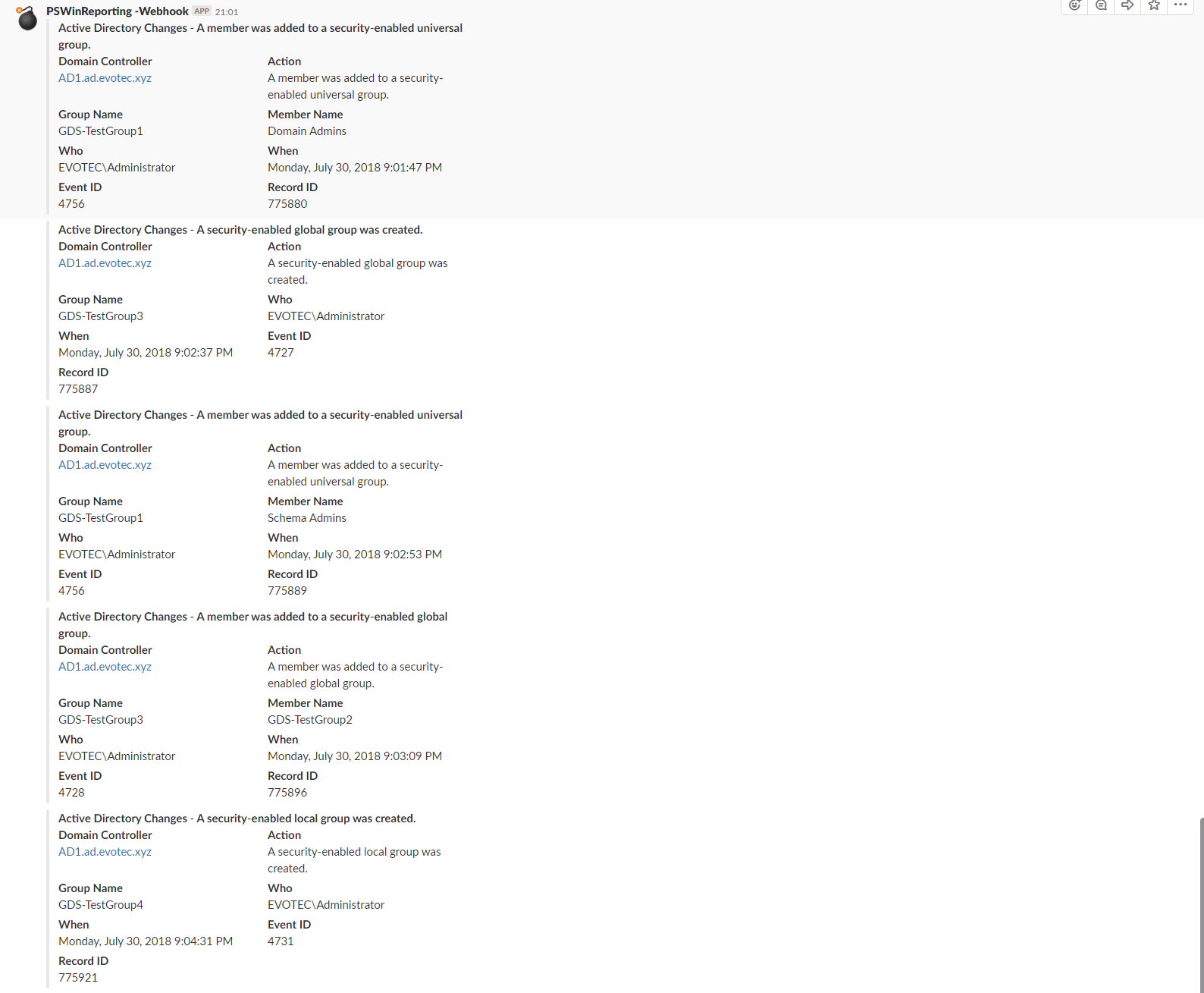 Alternatywny uklad powiadomienia Slack wygenerowany przez PSWinReporting
