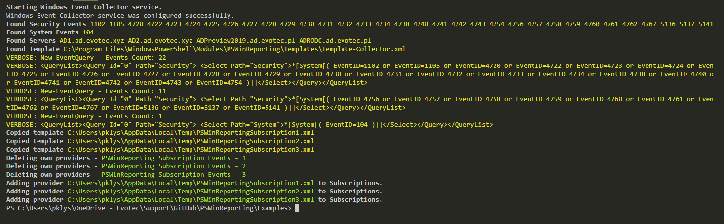 Wynik PowerShell tworzacy szablony subskrypcji Windows Event Forwarding