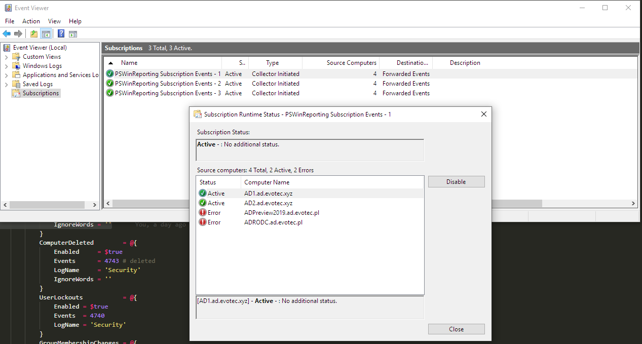 Okno Runtime Status dla subskrypcji Windows Event Forwarding