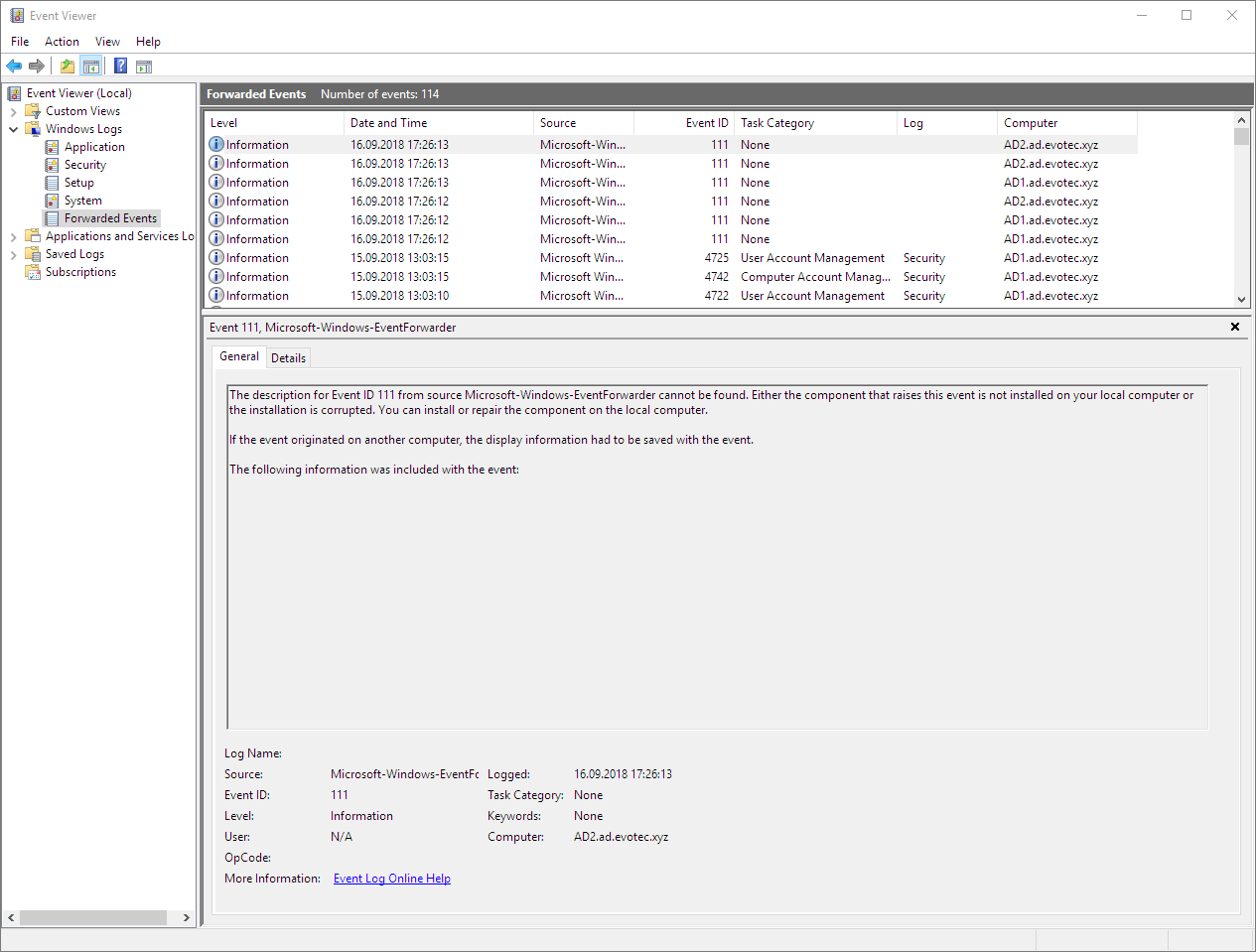Dziennik Forwarded Events zawierajacy zebrane zdarzenia z kontrolerow domeny