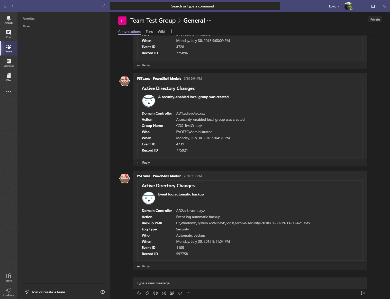Karta powiadomienia Microsoft Teams wygenerowana z forwardowanego zdarzenia