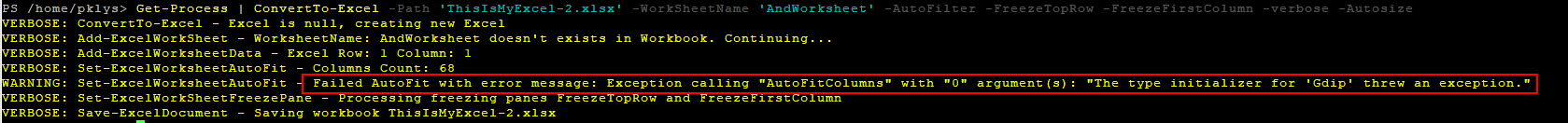Blad PowerShell pokazujacy niepowodzenie AutoFitColumns z powodu wyjatku inicjalizatora typu Gdip