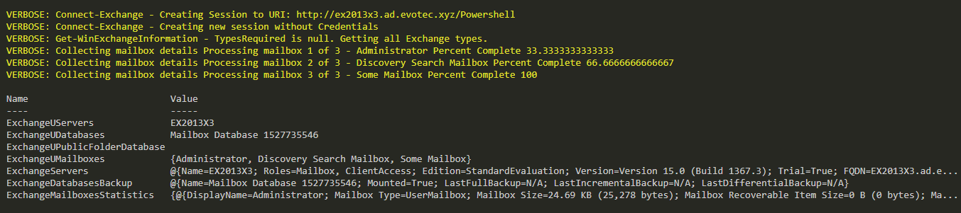 PowerShell output for PSWinDocumentation Exchange data collection
