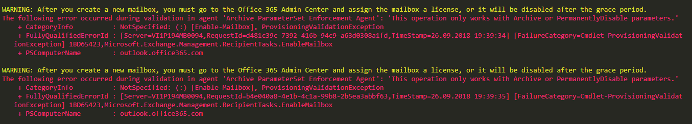 Blad PowerShell w Office 365 pokazujacy problem walidacji Archive ParameterSet Enforcement Agent przy Enable-Mailbox.