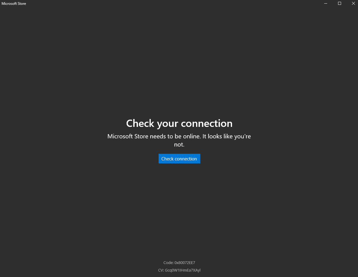 Okno logowania Microsoft Store pokazujace blad polaczenia 0x80072EE7 w systemie Windows 10
