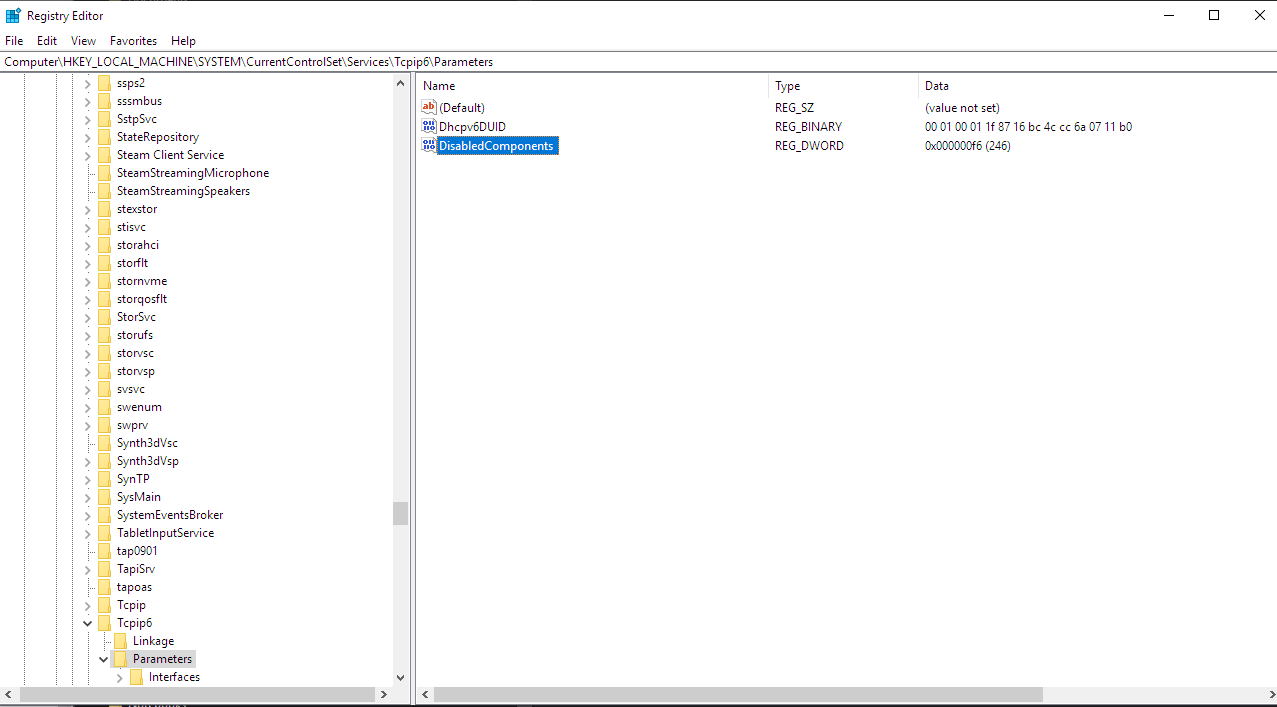 Edytor rejestru pokazujacy wartosc DisabledComponents dla IPv6 ustawiona na 0x000000f6