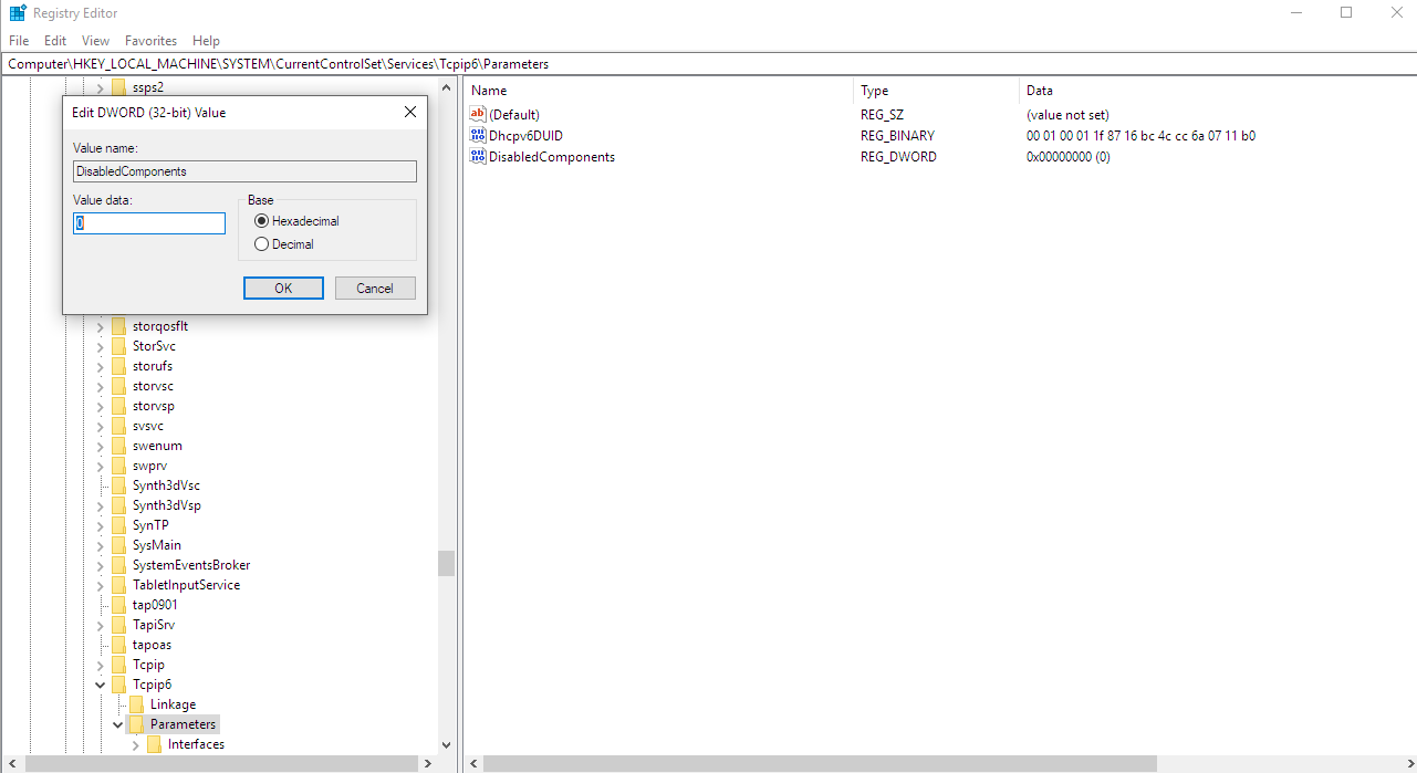 Edytor rejestru z wartoscia DisabledComponents dla IPv6 przywrocona do 0, aby naprawic problemy z lacznoscia