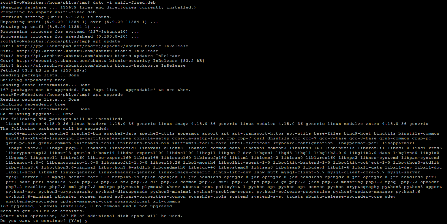 Ubuntu terminal showing UniFi package reinstallation followed by apt update and an apt upgrade prompt listing pending packages.