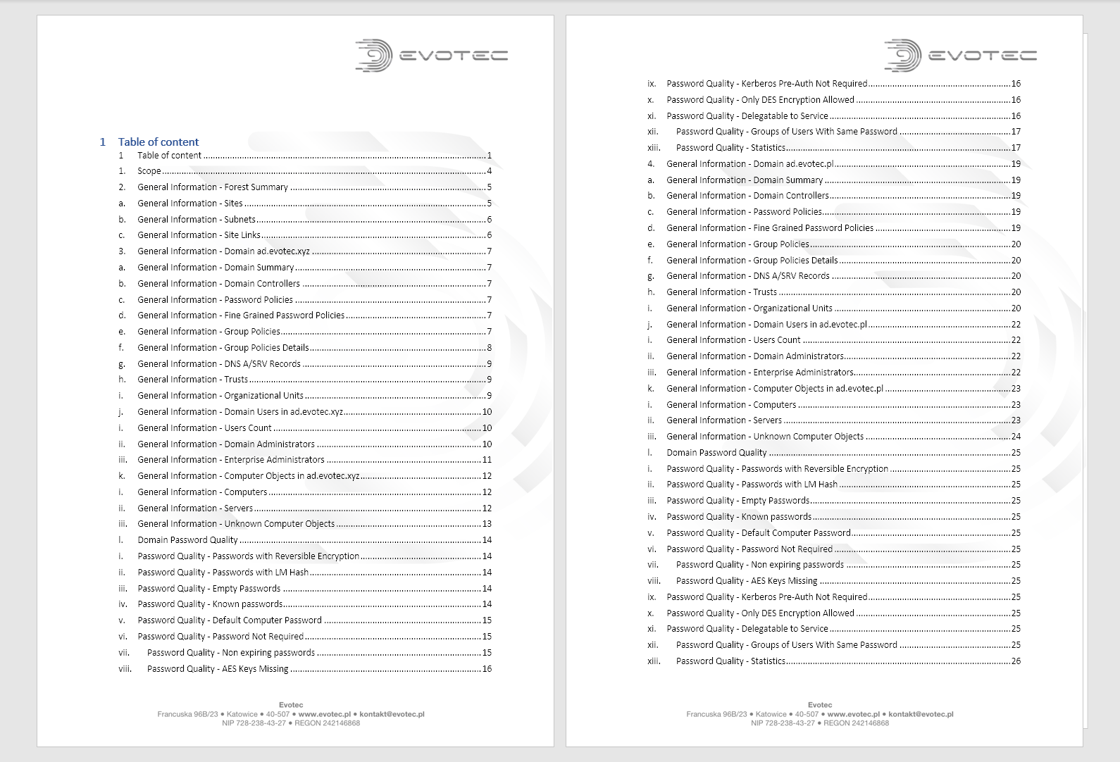 Spis treści raportu audytu haseł PSWinDocumentation